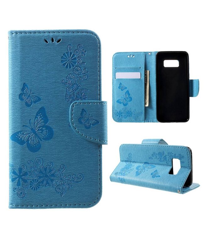 Imprinted Butterfly Flowers Wallet Leren Telefoon Cover Samsung Galaxy S8 - Blauw