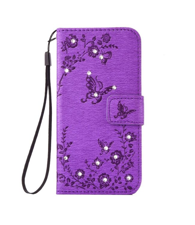 Imprinted Butterfly Flowers Crystal Stand Leren Wallet Hoesje Samsung Galaxy S8 - Paars
