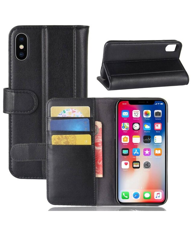 Genuine Lederen Bookcase Hoesje iPhone X - Zwart