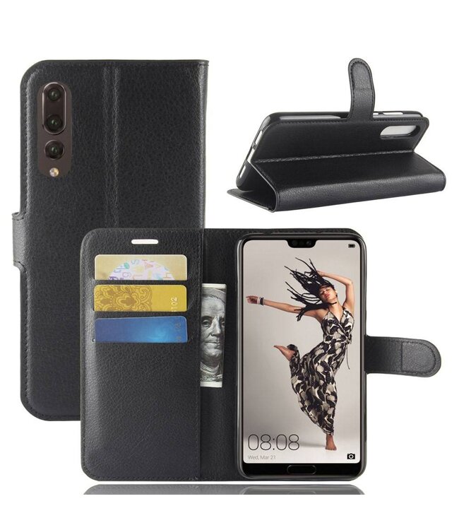 Zwart Litchee Bookcase Hoesje Huawei P20 Pro