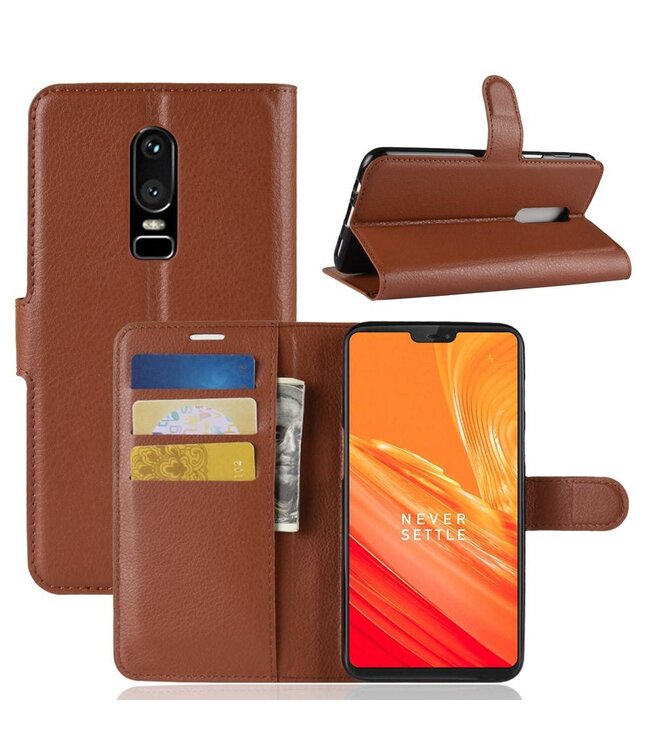 Bruin Litchee Bookcase Hoesje voor de OnePlus 6