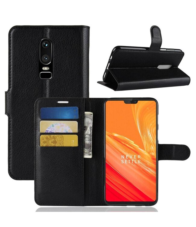 Zwart Litchee Bookcase Hoesje voor de OnePlus 6