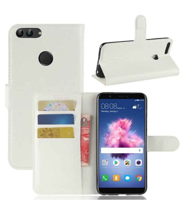 Wit Litchee Bookcase Hoesje voor de Huawei P Smart