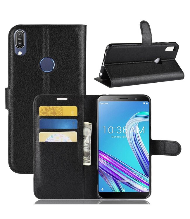 Zwart Litchee Bookcase Hoesje voor de Asus ZenFone Max Pro