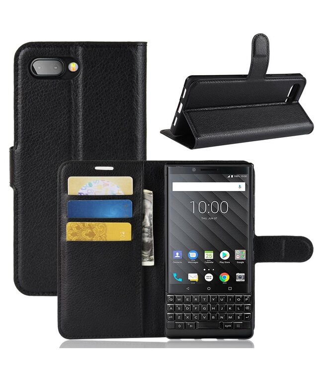 Zwart Litchee Bookcase Hoesje voor de Blackberry Key2 LE