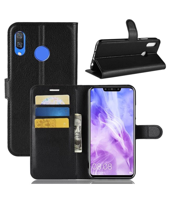 Zwart Litchee Bookcase Hoesje voor de Huawei Nova 3