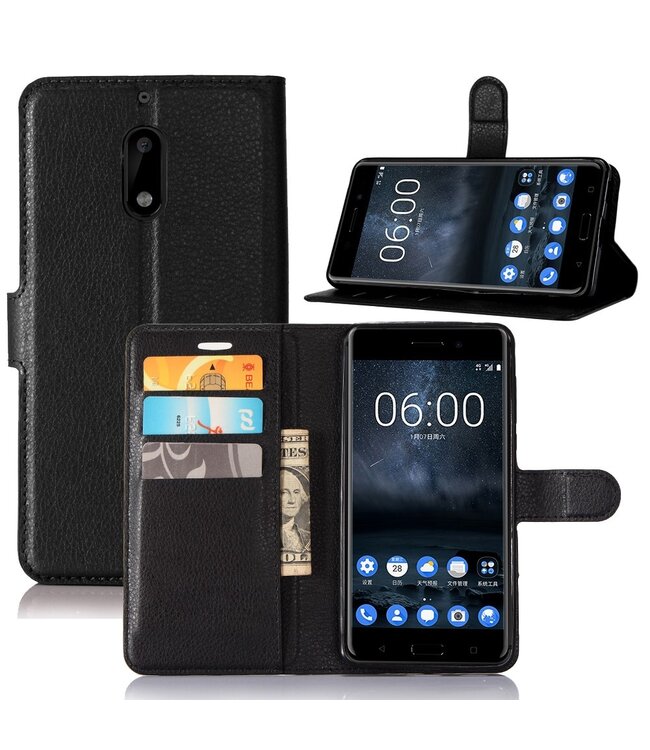 Zwart Litchee Bookcase Hoesje voor de Nokia 6