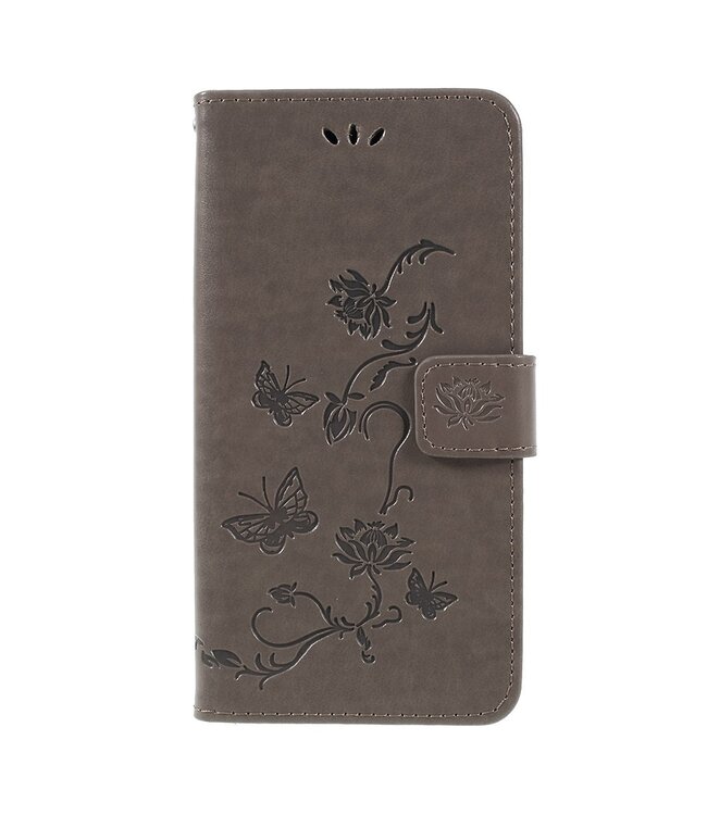 Grijs Bloemen En Vlinders Bookcase Hoesje voor de Samsung Galaxy A7 (2018)