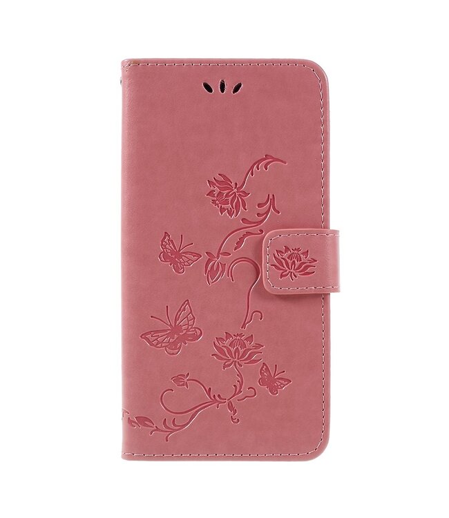 Roze Bloemen En Vlinders Bookcase Hoesje voor de Samsung Galaxy A7 (2018)