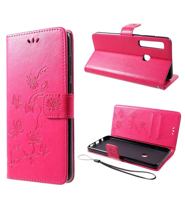 Roze Vlinder en Bloem Bookcase Hoesje voor de Samsung Galaxy A9 (2018)