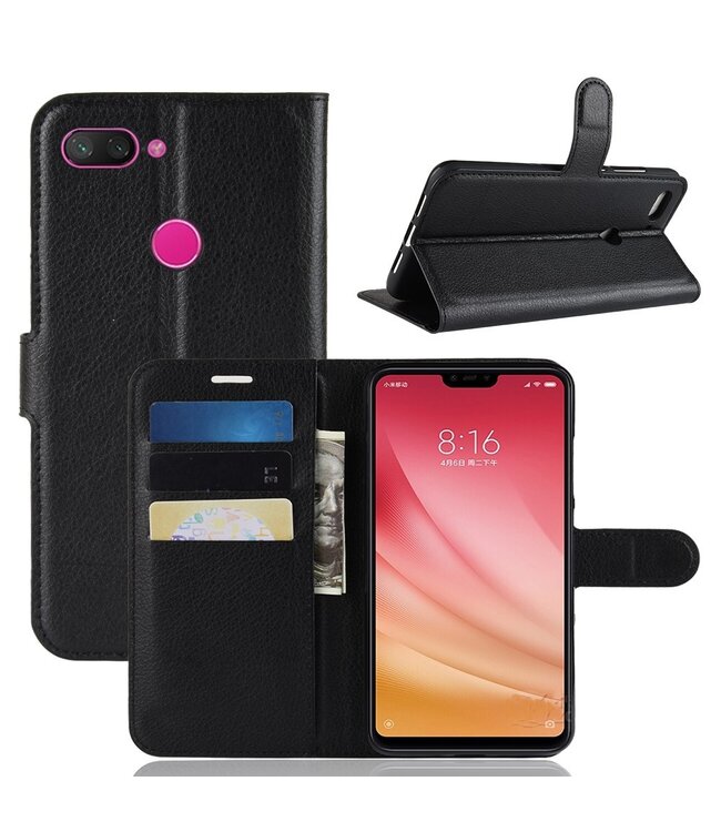 Zwart Litchee Bookcase Hoesje voor de Xiaomi Mi 8 Lite