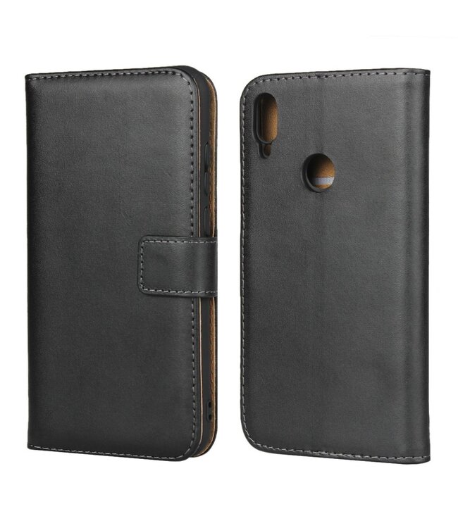 Zwart Genuine Lederen Bookcase Hoesje voor de Huawei Y6 (2019)