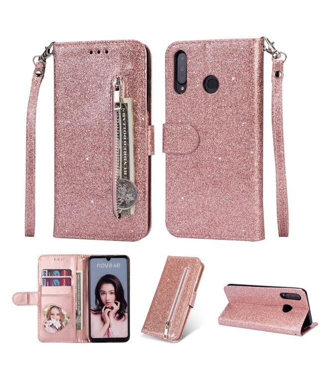 Rose Goud Glitters Bookcase Hoesje voor de Huawei P30 Lite