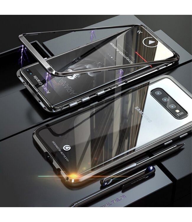 Zwart Metaal + Tempered Glass Hoesje voor de Samsung Galaxy S10 Plus