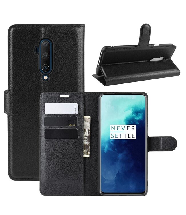 Zwart Lychee Bookcase Hoesje voor de OnePlus 7T Pro