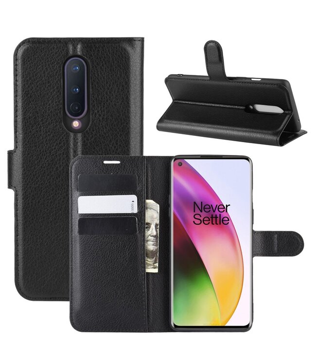 Zwart Lychee Bookcase Hoesje voor de OnePlus 8