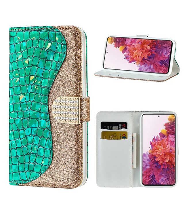 Groen Bling Bling Bookcase Hoesje voor de Samsung Galaxy S20 FE