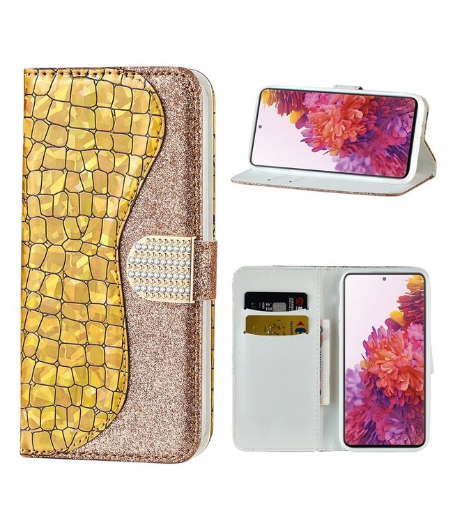 Goud Bling Bling Bookcase Hoesje voor de Samsung Galaxy S20 FE