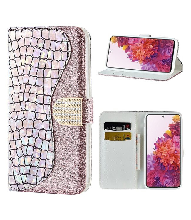 Rosegoud Bling Bling Bookcase Hoesje voor de Samsung Galaxy S20 FE