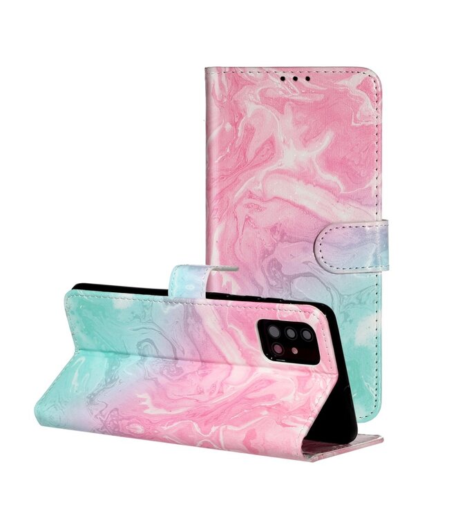 Roze / Blauw Marmer Bookcase Hoesje voor de Samsung Galaxy A51