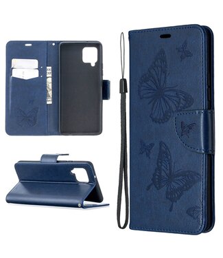 Donkerblauw Vlinders Bookcase Hoesje Samsung Galaxy A42