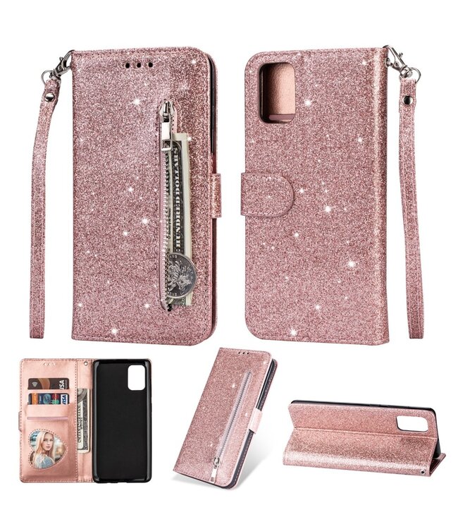 Rosegoud Glitter Bookcase Hoesje voor de Samsung Galaxy A41