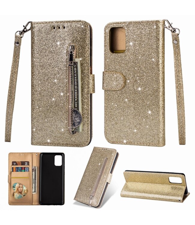 Goud Glitter Bookcase Hoesje voor de Samsung Galaxy A41