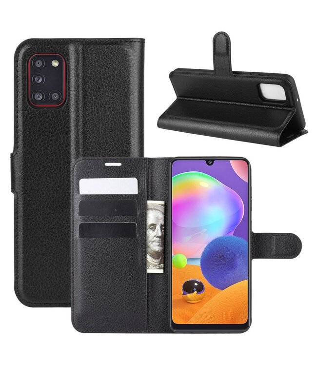 Zwart Litchee Bookcase Hoesje voor de Samsung Galaxy A31