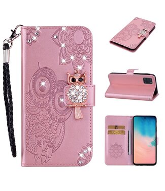 Rosegoud Owl Diamonds Bookcase Hoesje Samsung Galaxy A31