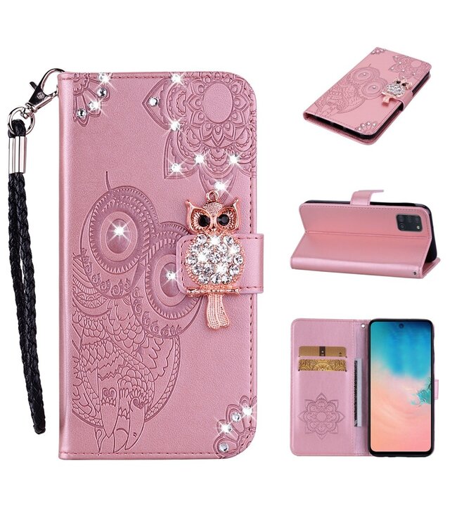 Rosegoud Owl Diamonds Bookcase Hoesje voor de Samsung Galaxy A31