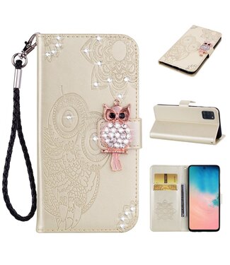 Goud Owl Diamonds Bookcase Hoesje Samsung Galaxy A31