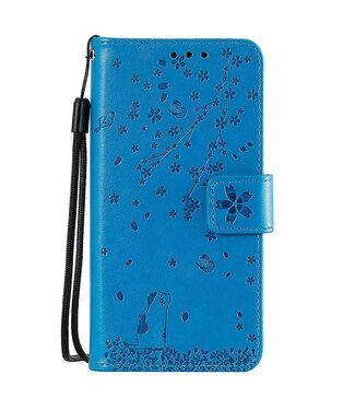 Blauw Kat en Bloemen Bookcase Hoesje Samsung Galaxy A50 / A30s