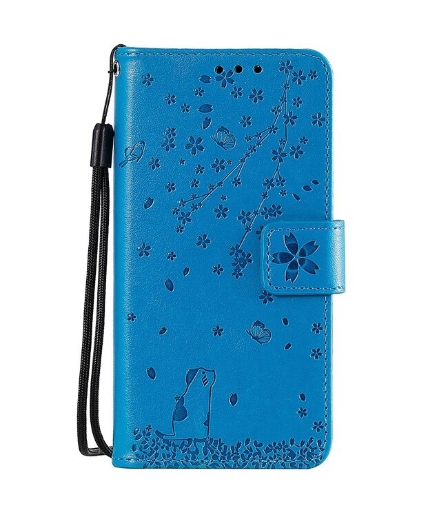 Blauw Kat en Bloemen Bookcase Hoesje voor de Samsung Galaxy A50 / A30s
