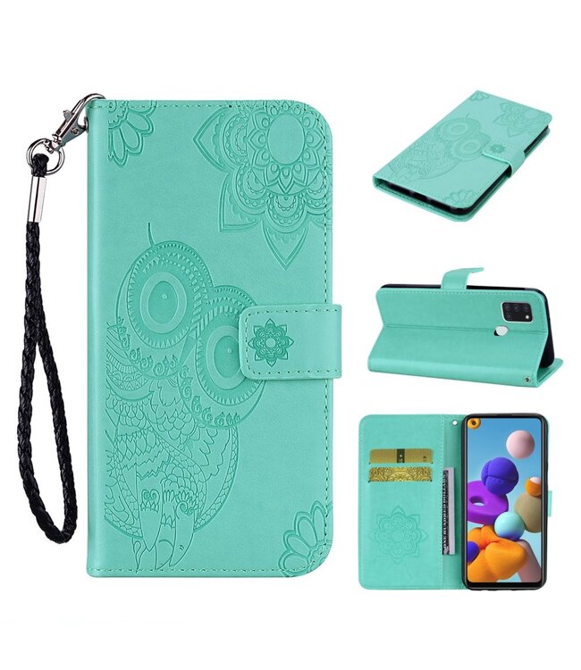 Turquoise Uil Bookcase Hoesje voor de Samsung Galaxy A21s