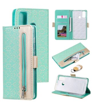 Turquoise Kant en Bloemen Bookcase Hoesje Samsung Galaxy A21s