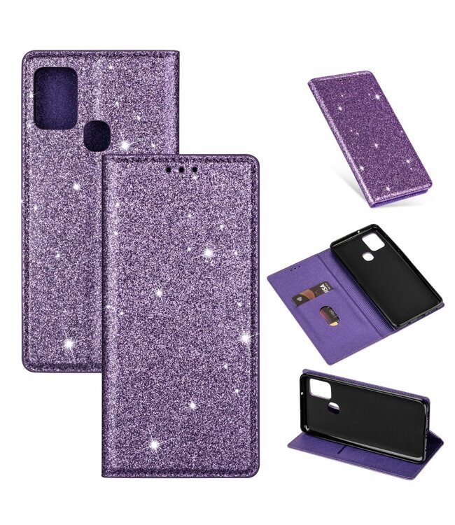 Paars Glitter Bookcase Hoesje voor de Samsung Galaxy A21s