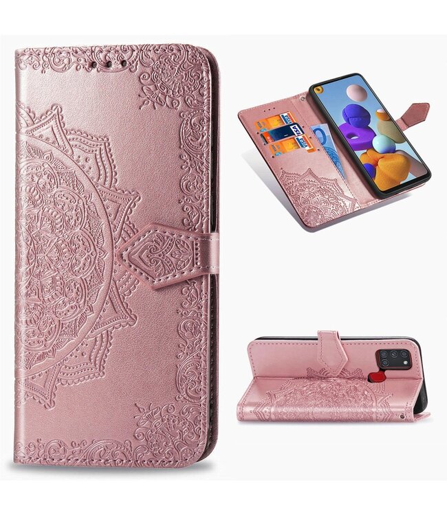 Rosegoud Mandala Bloem Bookcase Hoesje voor de Samsung Galaxy A21s