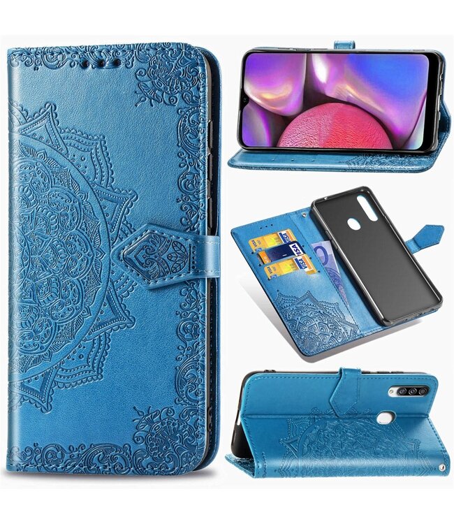 Blauw Mandala Bloem Bookcase Hoesje voor de Samsung Galaxy A20s