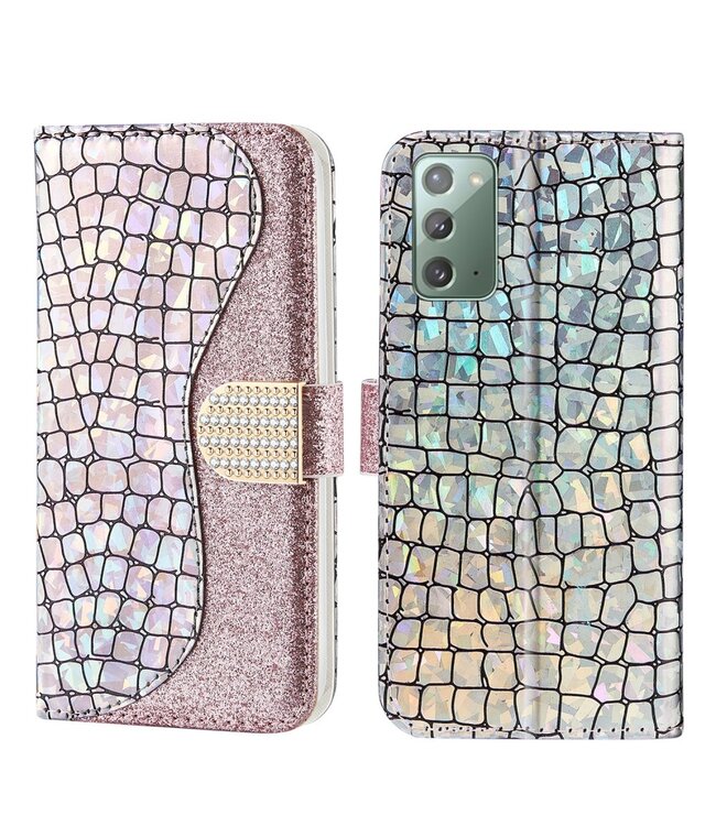 Rosegoud Bling Bling Bookcase Hoesje voor de Samsung Galaxy Note 20