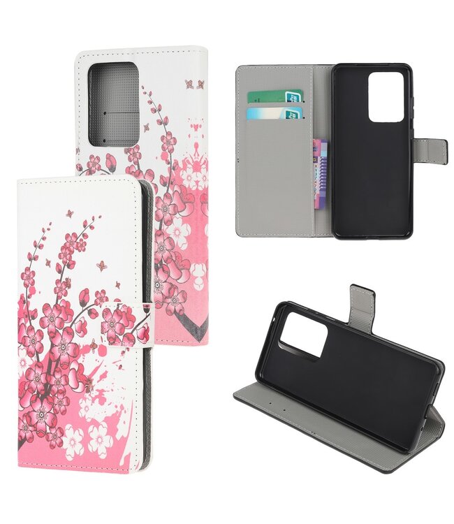 Roze Bloemen Bookcase Hoesje voor de Samsung Galaxy Note 20 Ultra