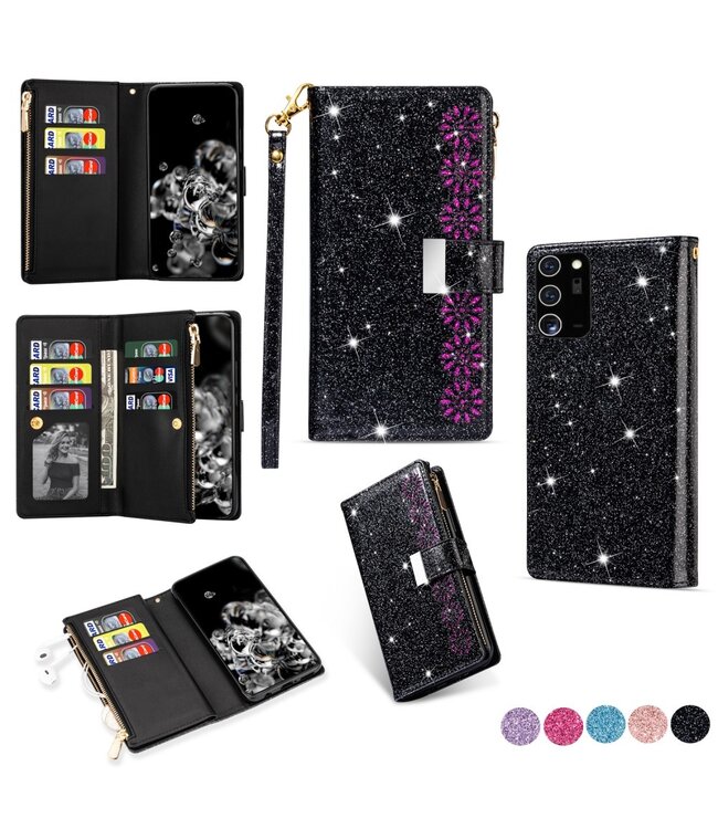 Zwart Glitter Bookcase Hoesje voor de Samsung Galaxy Note 20 Ultra