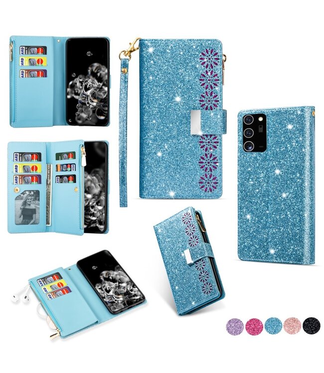 Blauw Glitter Bookcase Hoesje voor de Samsung Galaxy Note 20 Ultra