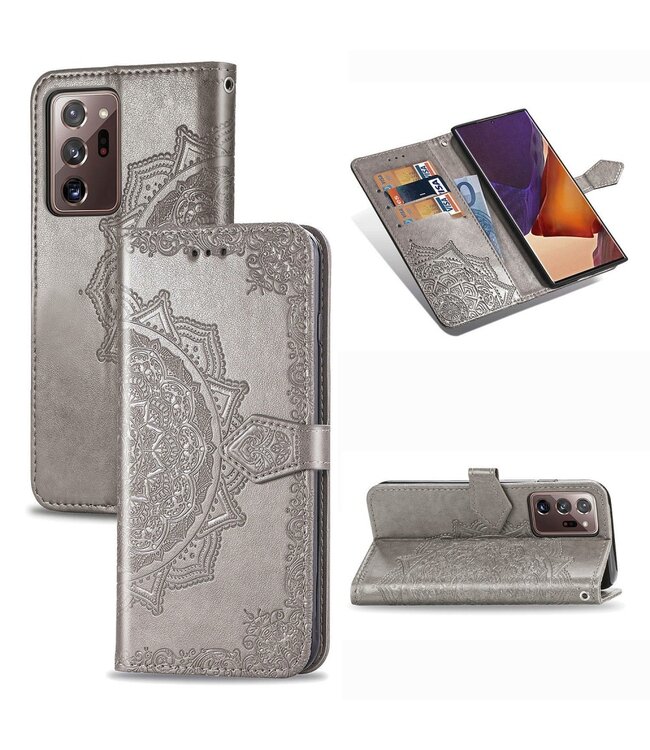 Zilver Mandala Bloem Bookcase Hoesje voor de Samsung Galaxy Note 20 Ultra