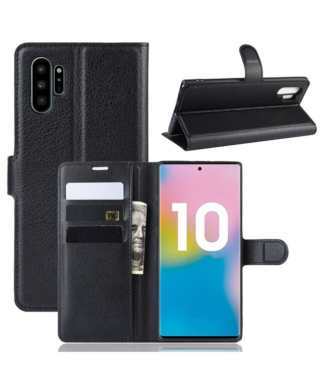 Zwart Litchee Bookcase Hoesje voor de Samsung Galaxy Note 10 Plus