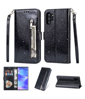 Zwart Glitter Bookcase Hoesje Samsung Galaxy Note 10 Plus