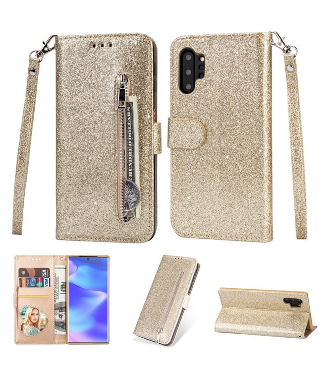 Goud Glitter Bookcase Hoesje voor de Samsung Galaxy Note 10 Plus