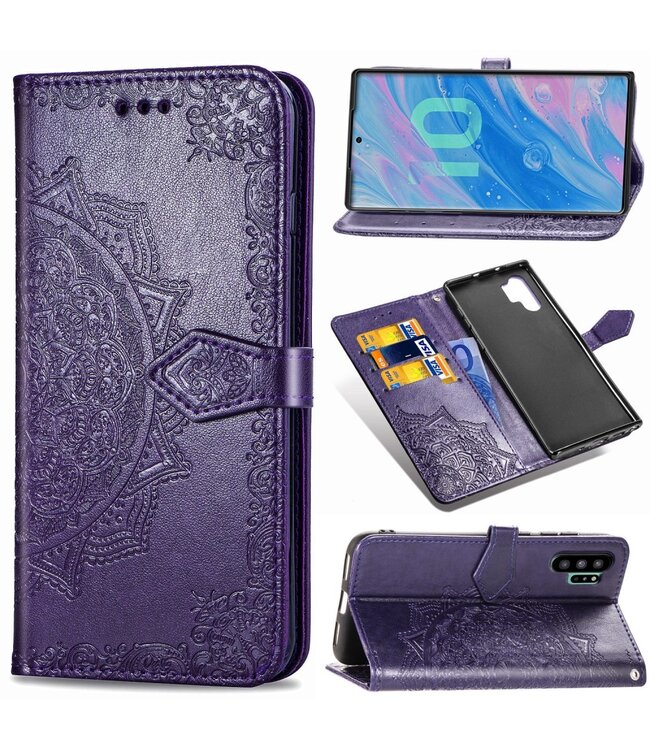 Paars Mandala Bloem Bookcase Hoesje voor de Samsung Galaxy Note 10 Plus