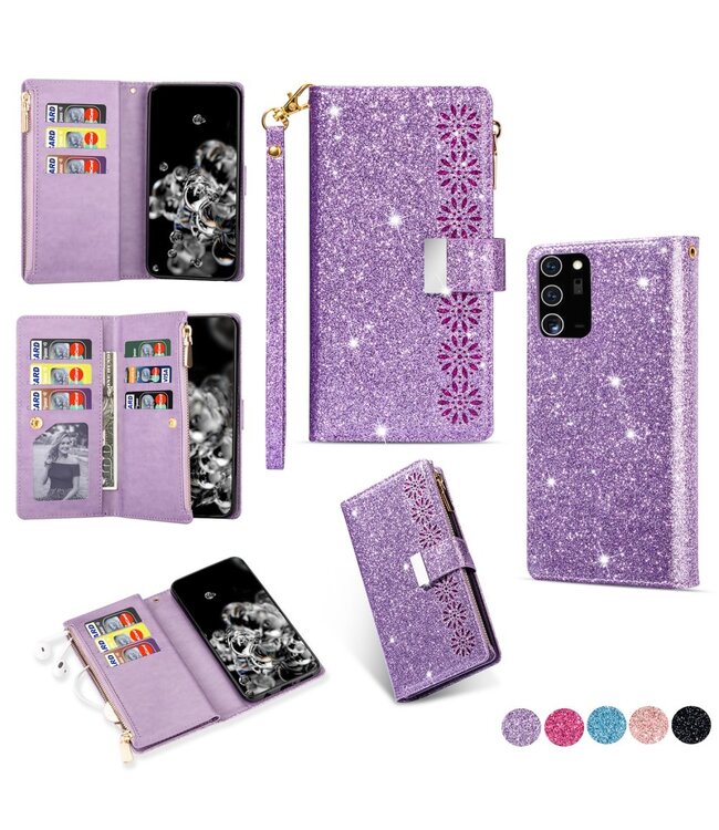 Paars Glitter Bookcase Hoesje voor de Samsung Galaxy Note 20 Ultra