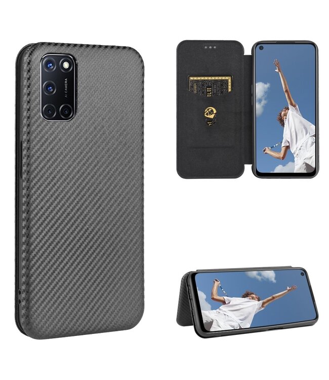 Zwart Carbon Bookcase Hoesje voor de Oppo A52 / A72 / A92