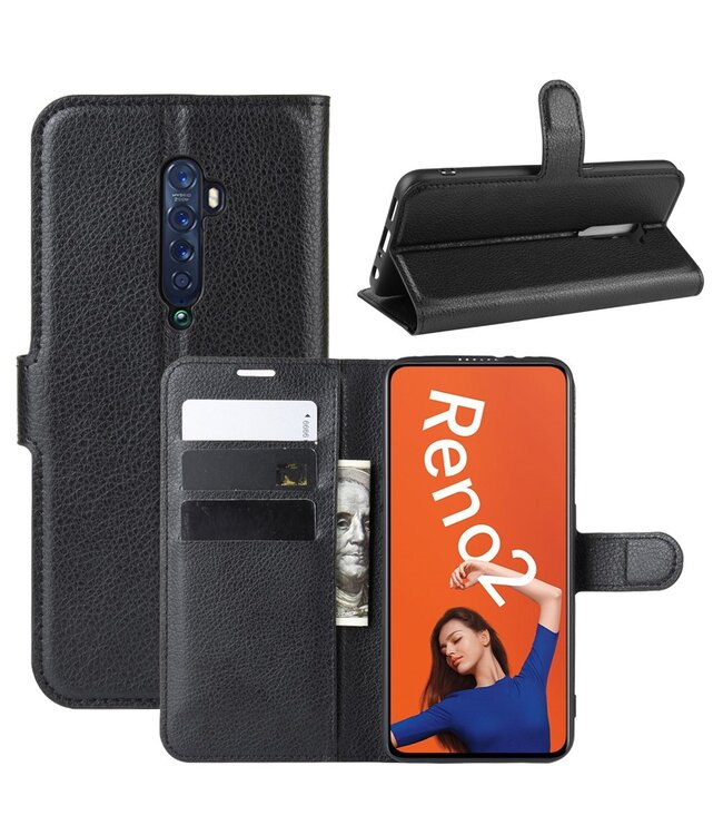 Zwart Litchee Bookcase Hoesje voor de Oppo Reno2